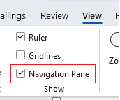 Navigation pane on ribbon in Word